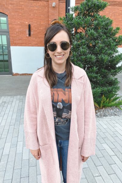 j crew pink ella coatigan with anine bing vintage tee and rayban icons