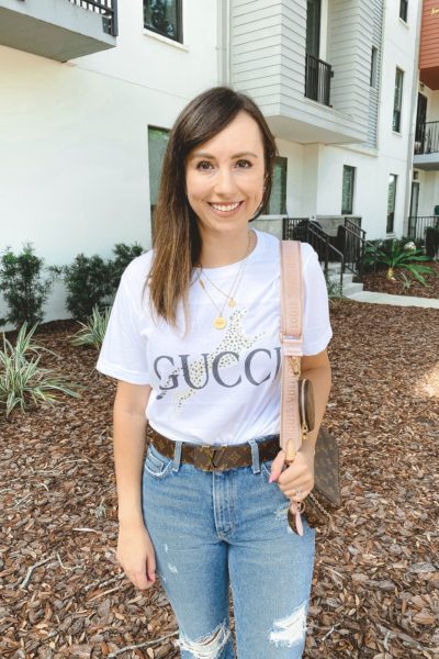 gucci leopard tee with louis vuitton belt and multi pochette