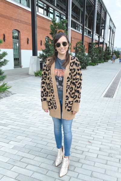 barefoot dreams tan leopard cardigan with anine bing vintage tee and snakeskin booties