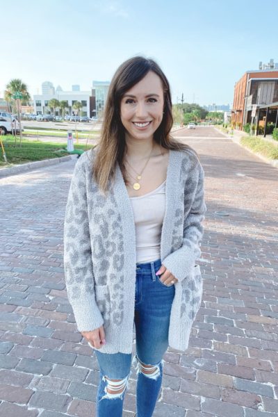 barefoot dreams grey leopard cardigan with bodysuit and gold necklaces