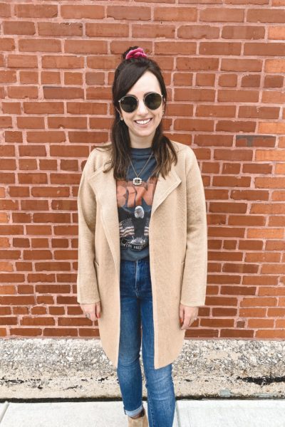 J Crew Juliette Coatigan with anine bing vintage tee and gucci necklace