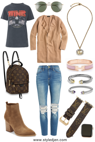 J Crew Juliette camel Coatigan with anine bing vintage tee and marc fisher oshay boots