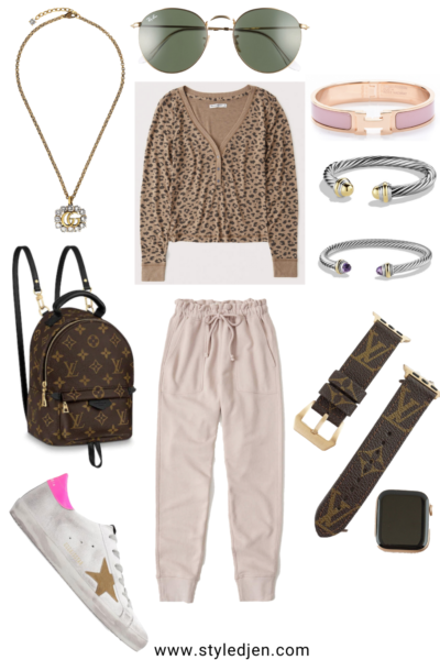 abercrombie leopard henley with abercrombie blush joggers and gucci necklace