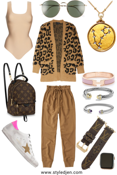 barefoot dreams camel leopard cardigan with abercrombie camel joggers and golden goose sneakers