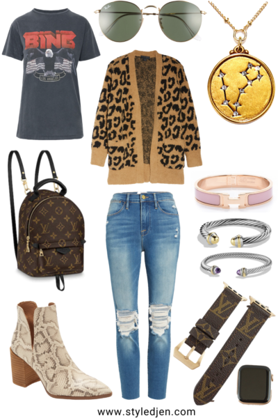 barefoot dreams camel leopard cardigan with anine bing vintage tee and frame ripped jeans