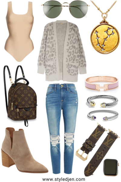 barefoot dreams grey leopard cardigan with frame ripped jeans and taupe steve madden booties