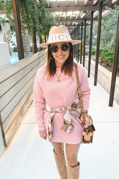 lovers friends pink sweatshirt dress with gucci necklace and plaid flannel