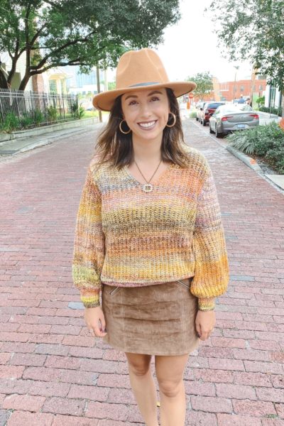 lou grey spiced sweater with blanknyc suede skirt and fedora
