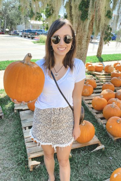 free people leopard skirt with white tee at pumpkin patch