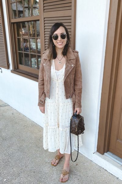 salt water luxe caroline maxi dress with louis vuitton palm springs mini and blanknyc moto jacket