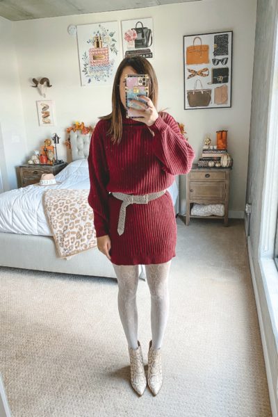 burgundy sweater dress with white gucci tights and snakeskin booties