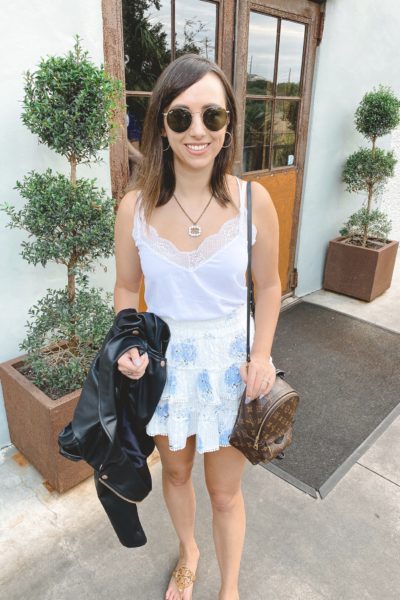 loveshackfancy bliss skirt with white lace tank and louis vuitton palm springs mini