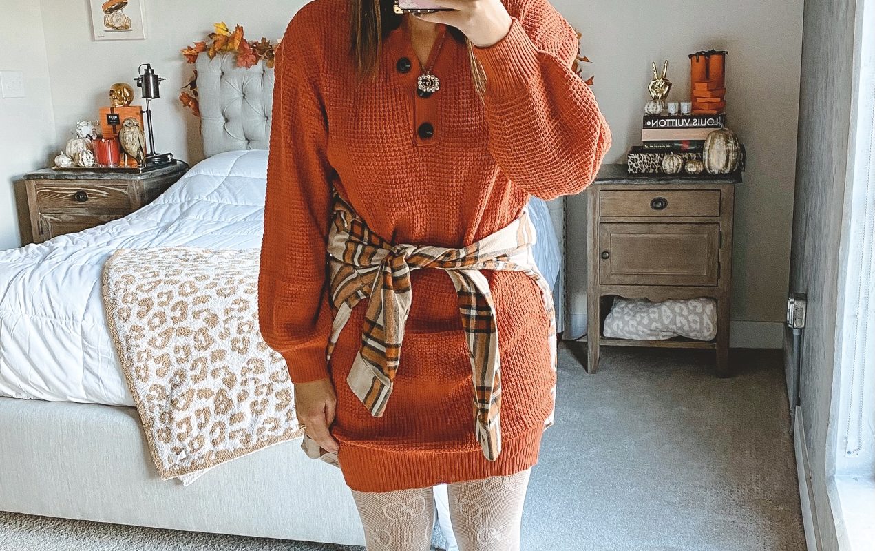 rust waffle knit sweater dress with hat and white gucci tights