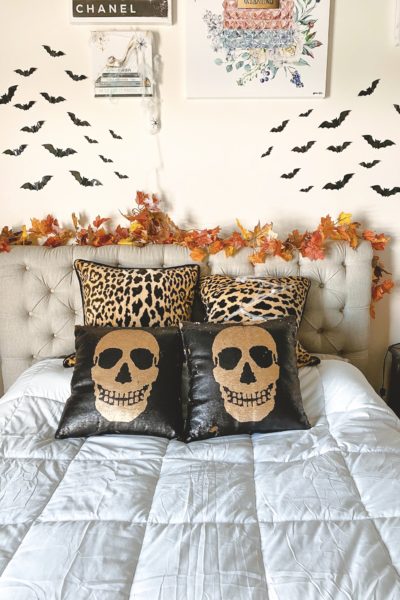 halloween bedroom decor sequin skull pillows and leopard pillows with bats