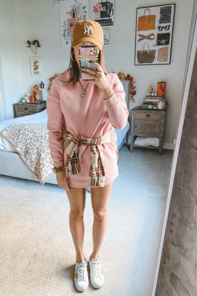 pink sweatshirt dress with golden goose and plaid flannel