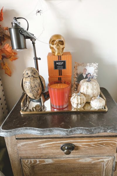 halloween bedroom decor nightstand with skull and pumpkin candles