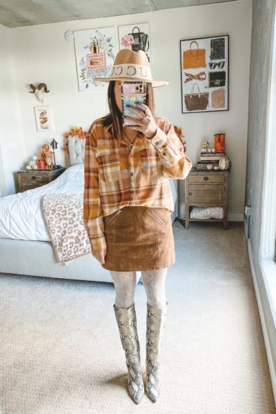 plaid top with suede mini skirt and white gucci tights