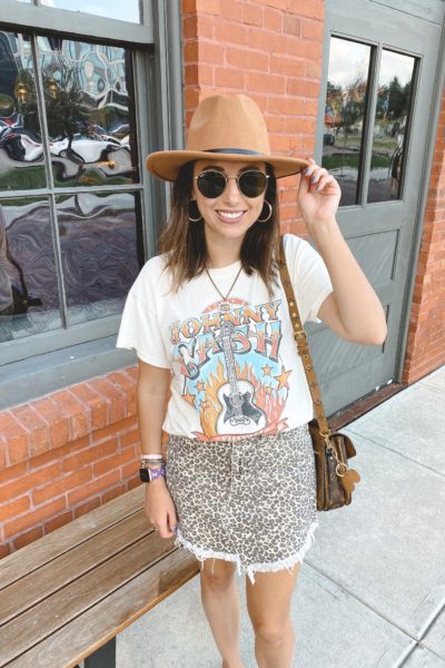 johnny cash tee with free people leopard skirt and fedora