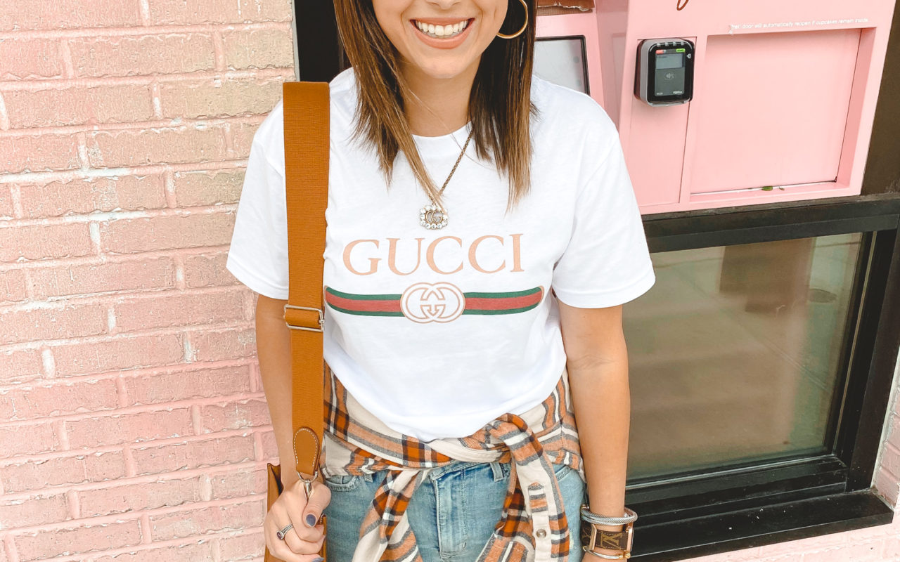 gucci tee with plaid flannel and hermes evelyne pm