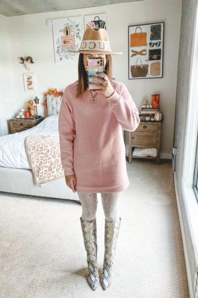 pink sweatshirt dress with white gucci tights and snakeskin boots