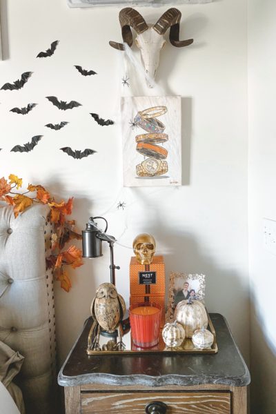 halloween bedroom decor nightstand with skull and candles