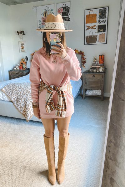 pink sweatshirt dress with sam edelman hai boots and plaid flannel