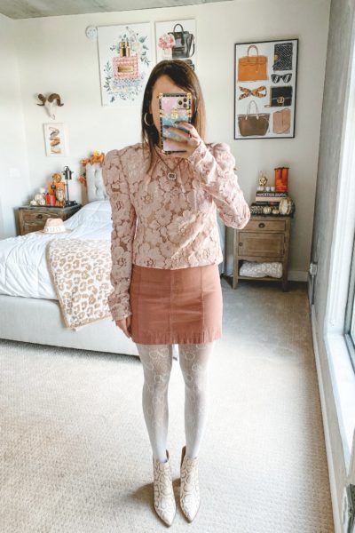 pink lace blouse with pink mini skirt and white gucci tights