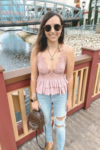 free people adella mauve cami with ripped jeans and gucci necklace