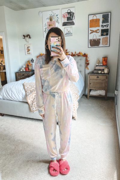 amazon yellow blue pink tie dye loungewear set with pink slippers