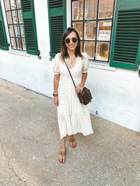 salt water luxe caroline maxi dress with gucci necklace and louis vuitton palm springs mini