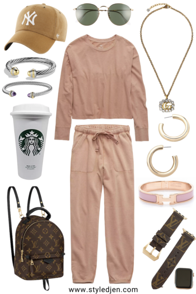 aerie raw sienna lounge set with yankees cap and starbucks cup
