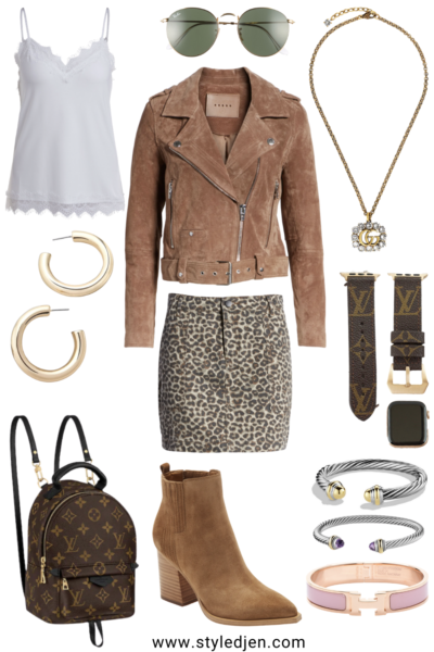 blanknyc suede moto jacket with leopard mini skirt and gucci necklace
