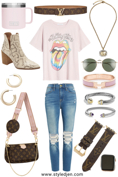 daydreamer pink rolling stones tie dye tongue tee with louis vuitton multi pochette and gold hoops