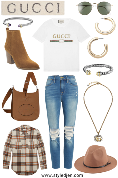 gucci tee with gucci headband hat and hermes evelyne pm