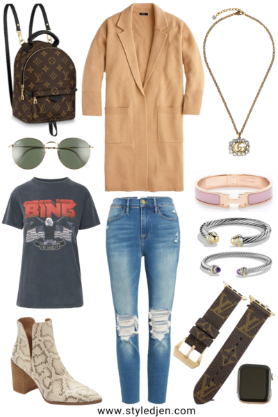 j crew camel ella coatigan with anine bing tee and snakeskin booties