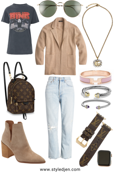 jcrew camel sophie blazer with anine bing vintage tee and gucci necklace