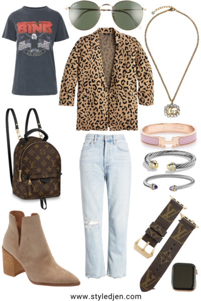 jcrew leopard sophie blazer with anine bing vintage tee and gucci necklace