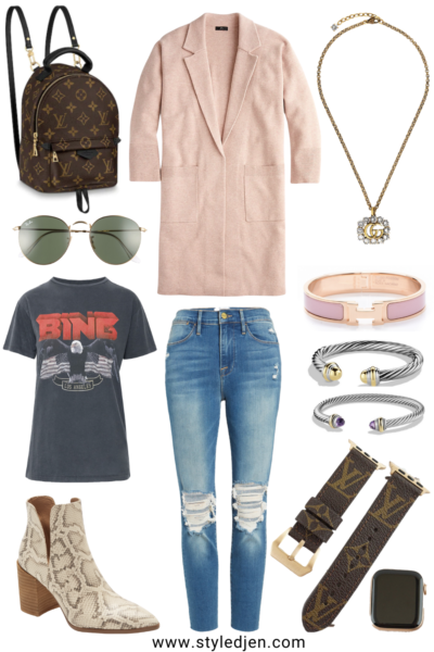 j crew pink ella coatigan with anine bing tee and snakeskin booties