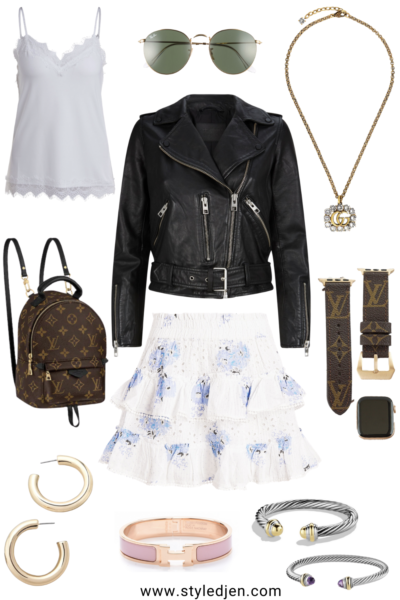 loveshackfancy bliss skirt with black moto jacket and white lace cami