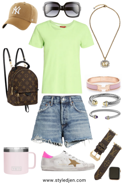 neon green tee with agolde denim shorts and golden goose sneakers