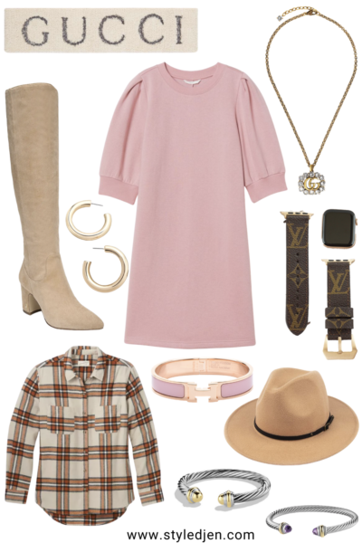 pink sweatshirt dress with knee high boots and fedora