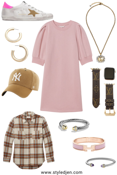 pink sweatshirt dress with plaid flannel and golden goose