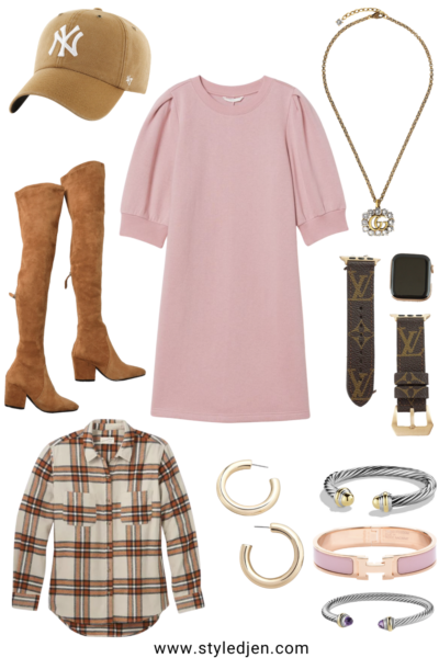 pink sweatshirt dress with plaid flannel and tan over the knee boots