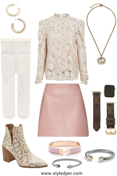 wayf pink lace blouse with pink mini skirt and white gucci tights