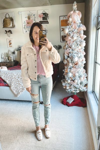 sugar lips sherpa jacket with ripped jeans and mules
