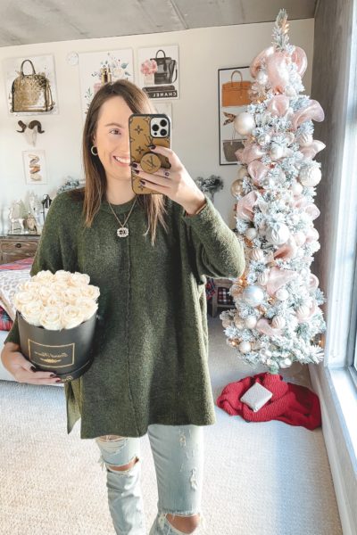 loft olive green sweater with roses and gucci necklace