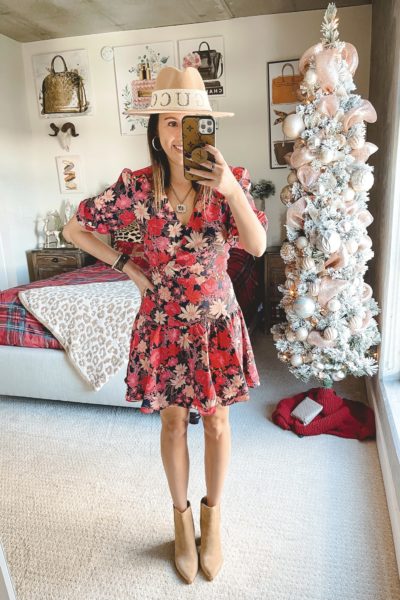 sugar lips floral dress with booties and hat