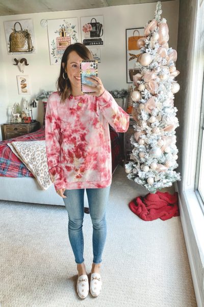 amazon pink tie dye sweatshirt with jeans and white mules