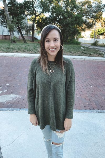 loft olive green sweater with gucci necklace and ripped jeans