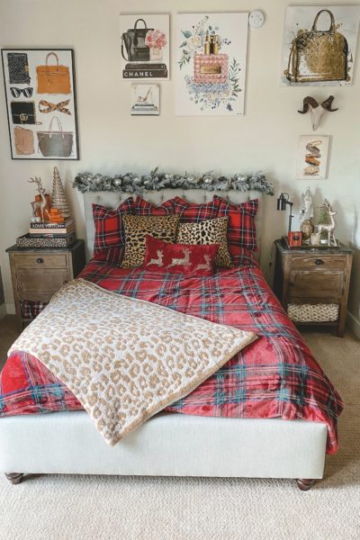 christmas bedroom decor 2020 with plaid pillows and blanket